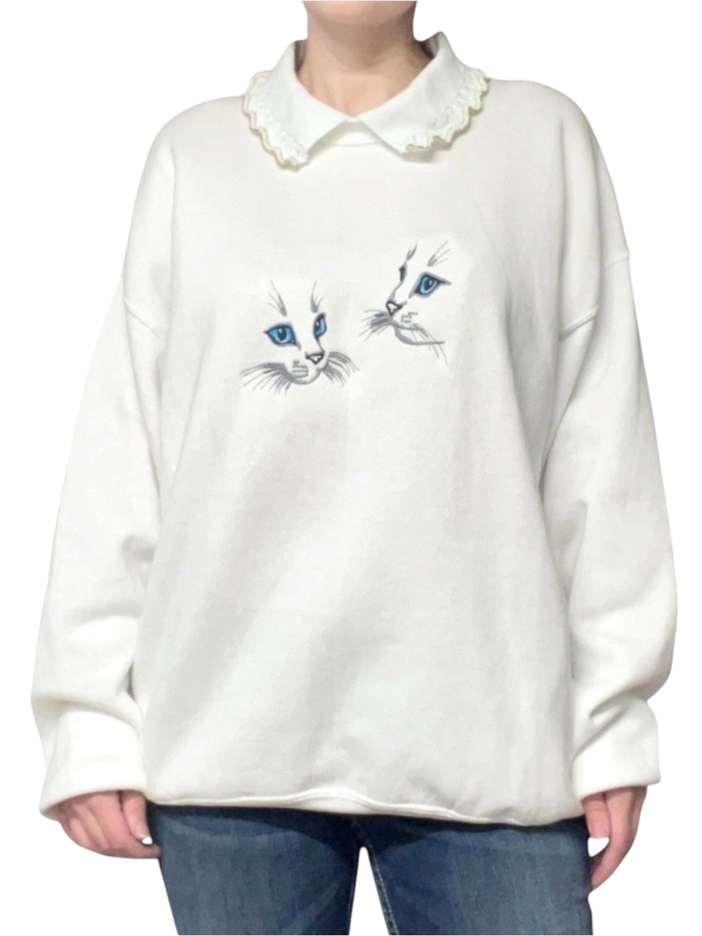 Vintage✨ | Fruit of the Loom | Cat Portrait Embroidered Knit Collar Sweater - Picture 2 of 10